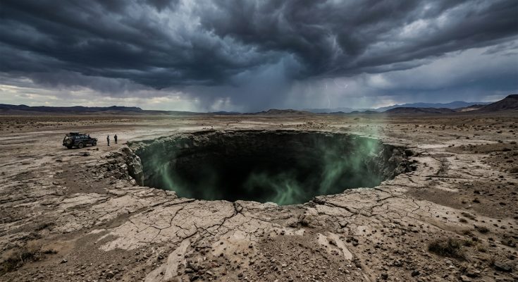 A massive, terrifying deep black sinkhole known as the Well of Barhout or Well of Hell in the desert of Yemen.
