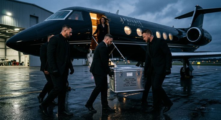 Royal security staff loading a medical cooler containing King Charles's personal blood supply onto a private jet for an international tour.