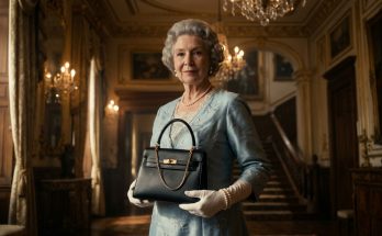 Queen Elizabeth II holding her iconic black leather handbag, which she used to send secret signals to her royal bodyguards.