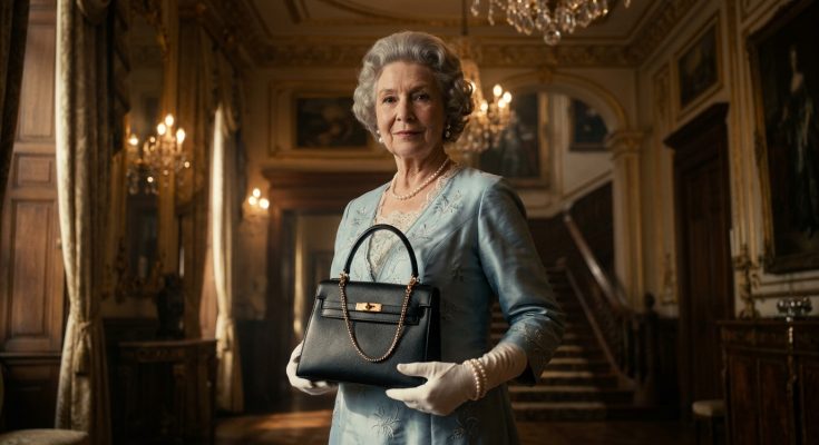 Queen Elizabeth II holding her iconic black leather handbag, which she used to send secret signals to her royal bodyguards.