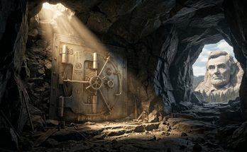 The heavy titanium vault door of the secret Hall of Records hidden inside the granite cave behind Mount Rushmore.