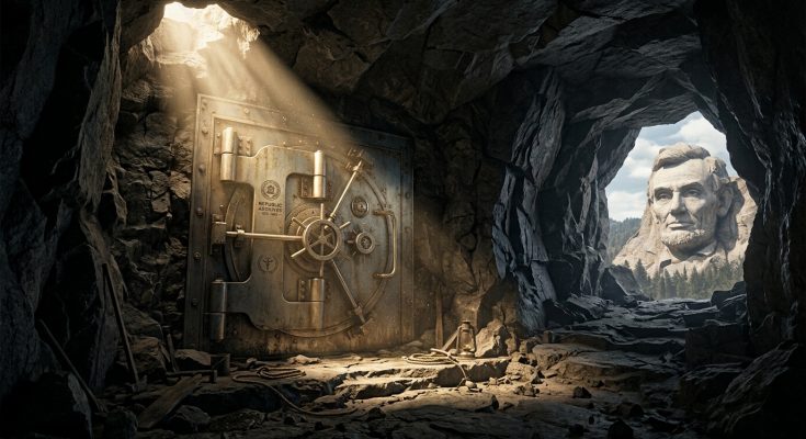 The heavy titanium vault door of the secret Hall of Records hidden inside the granite cave behind Mount Rushmore.