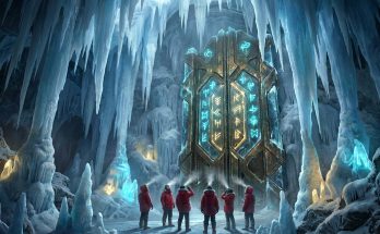 A massive ancient glowing doorway discovered buried beneath the ice in Antarctica, sparking theories of a lost civilization or unexplained mystery.