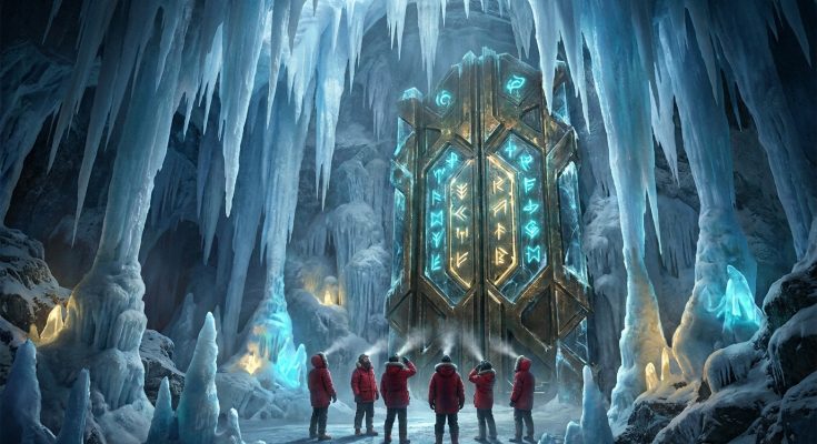 A massive ancient glowing doorway discovered buried beneath the ice in Antarctica, sparking theories of a lost civilization or unexplained mystery.