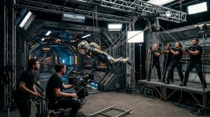 Stunt riggers operating a wire pulley system to suspend an actor in a spacesuit on a Hollywood sci-fi movie set.