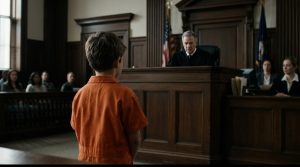 A courtroom view from behind a small boy in an orange jumpsuit facing a stern judge at a high wooden bench.