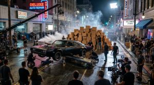 A black stunt car being prepared on a movie set with a pneumatic air cannon visible underneath the chassis.