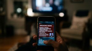 A close-up of a smartphone screen in the dark showing a breaking news alert.