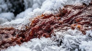 A macro close-up showing the metallic, iron-rich dark red water of Blood Falls reacting with the air and rusting on the white ice.
