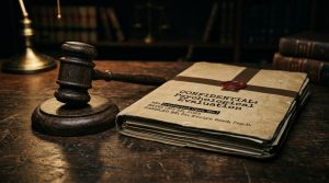 A wooden gavel resting next to a sealed confidential psychological evaluation folder on a dark desk.