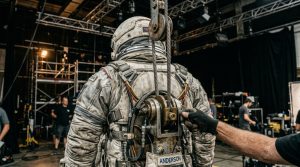 A close up of a heavy-duty tuning fork metal rig attached to an actor's spacesuit for a zero-gravity spinning stunt.