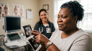 An emotional woman looking at an ultrasound photo in a doctor's office, showing determination.