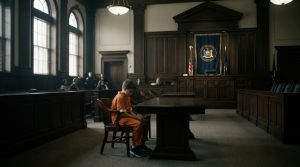 A dramatic wide shot of a small 12-year-old boy in an orange prison jumpsuit sitting alone in a massive, dark courtroom.
