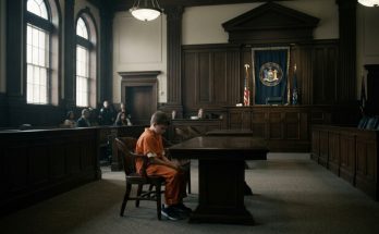 A dramatic wide shot of a small 12-year-old boy in an orange prison jumpsuit sitting alone in a massive, dark courtroom.