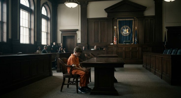 A dramatic wide shot of a small 12-year-old boy in an orange prison jumpsuit sitting alone in a massive, dark courtroom.