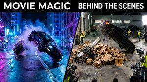 A behind-the-scenes look at a stunt car flipping in the air using a hidden pneumatic cannon and cardboard boxes on a movie set.