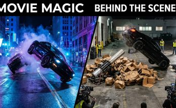 A behind-the-scenes look at a stunt car flipping in the air using a hidden pneumatic cannon and cardboard boxes on a movie set.