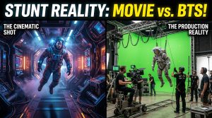 A behind-the-scenes split screen showing a cinematic floating astronaut next to the reality of the wire rig and green screen on a movie set.
