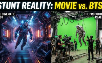 A behind-the-scenes split screen showing a cinematic floating astronaut next to the reality of the wire rig and green screen on a movie set.