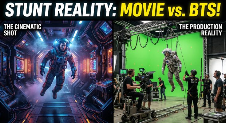 A behind-the-scenes split screen showing a cinematic floating astronaut next to the reality of the wire rig and green screen on a movie set.